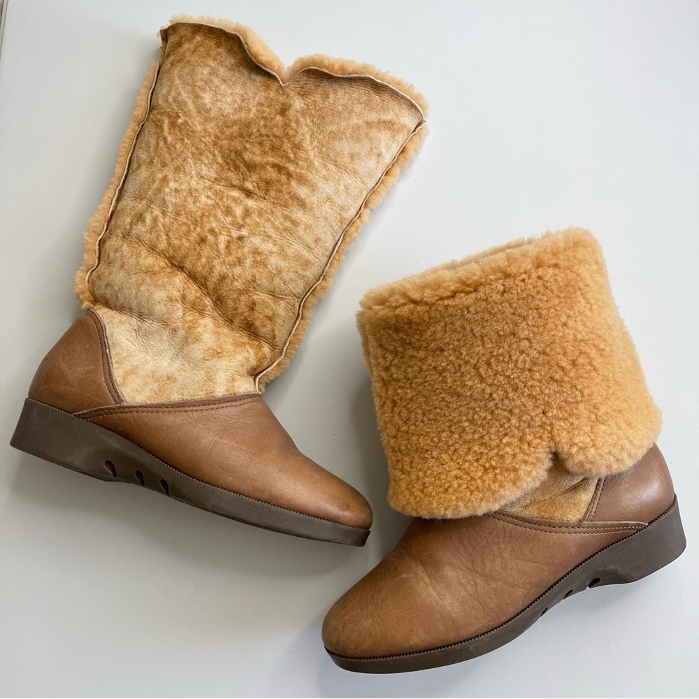 ✨Vintage Hush Puppies | Tan Brown Fur Leather Fold Over Boots